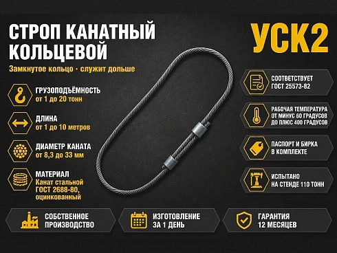 УСК2 (СКК) - Универсальный строп канатный тип 2 (кольцевой) купить в Челябинске по самой низкой цене. Строп-Мастер - Производство и реализация строп, захватного оборудования, стальных канатов. Оптом и в розницу. Скидки от объема. Доставка РФ. ☎ Звоните +7 (922) 015-12-74 - strop74.ru